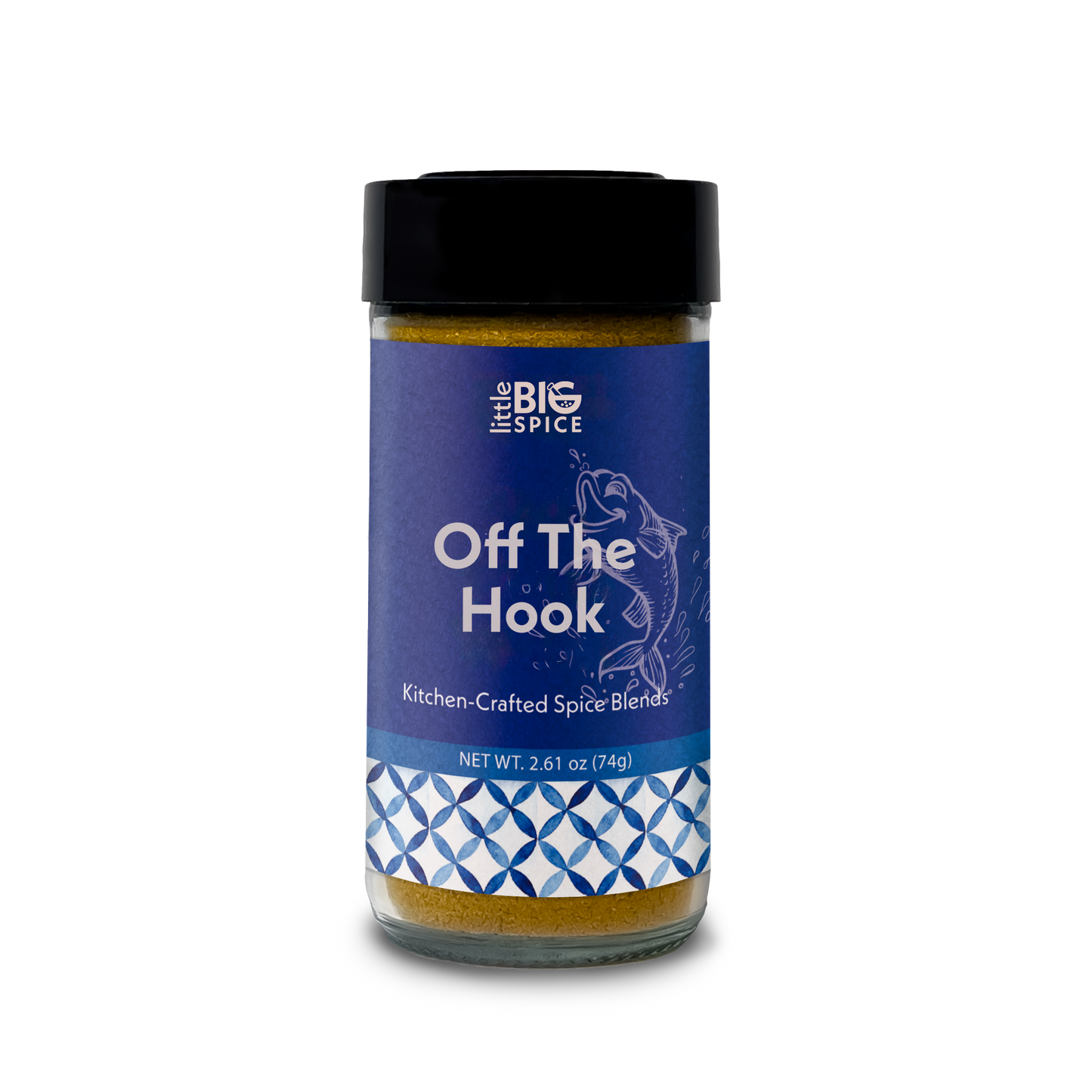 Spice jar with colored label for “Off the Hook” Mediterranean fish and seafood spice mix.