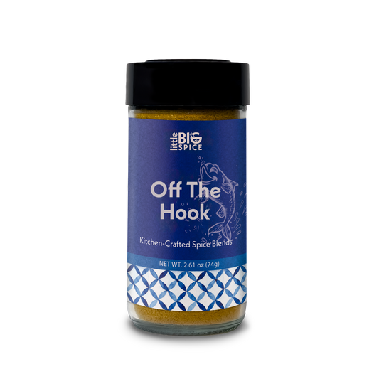 Spice jar with colored label for “Off the Hook” Mediterranean fish and seafood spice mix.