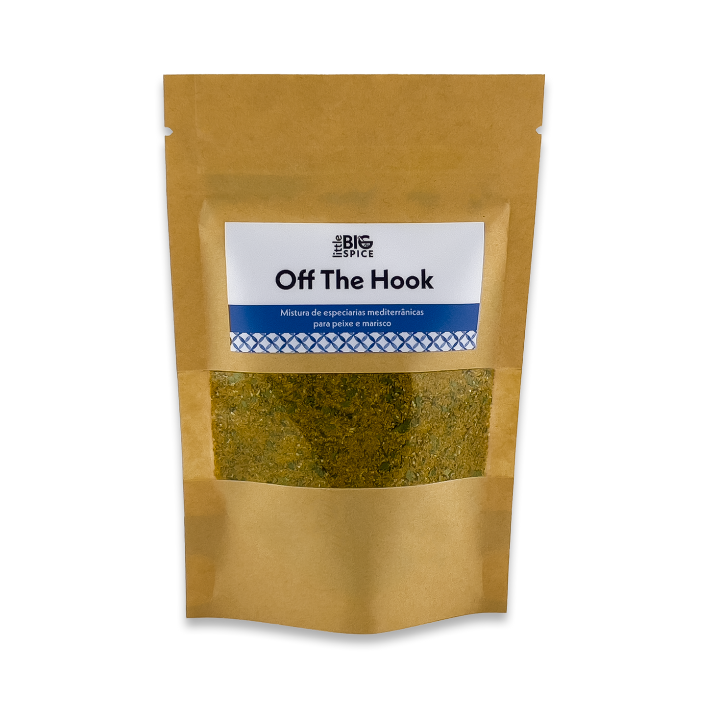 Brown spice bag labeled “Off the Hook,” with a clear window showing yellow spice with green herbs fish and seafood seasoning blend.