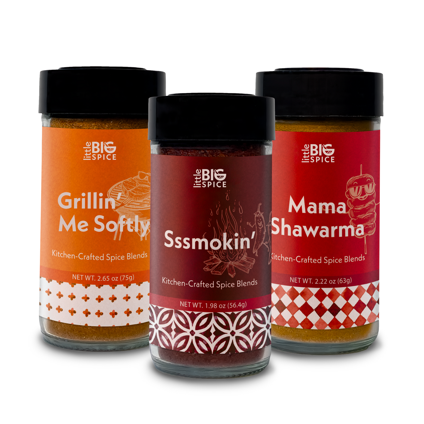 Three Spice jars for with colored labels with different rub mixes for Grilling meat, chicken, and spice wings.