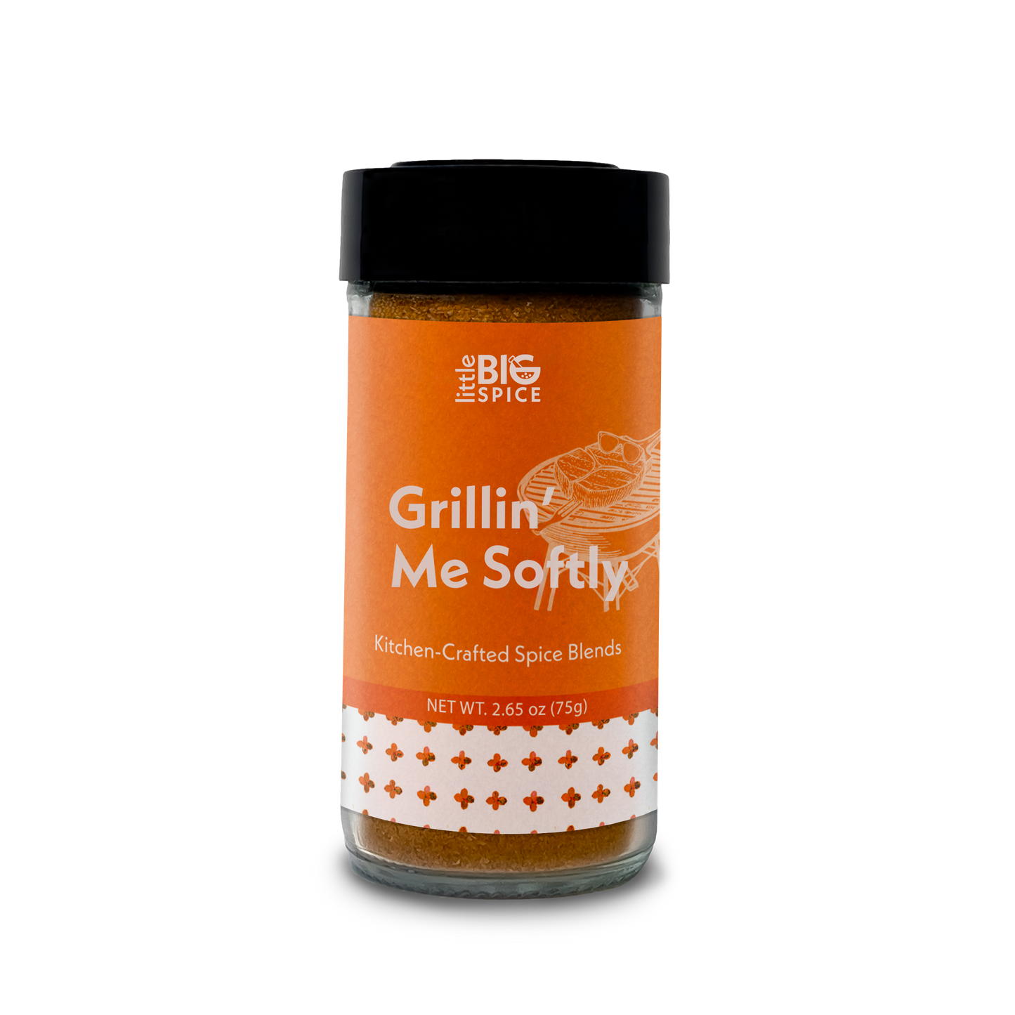 Spice jar with colored label for “Grillin’ Me Softly” bold Mediterranean grilling spice blend.