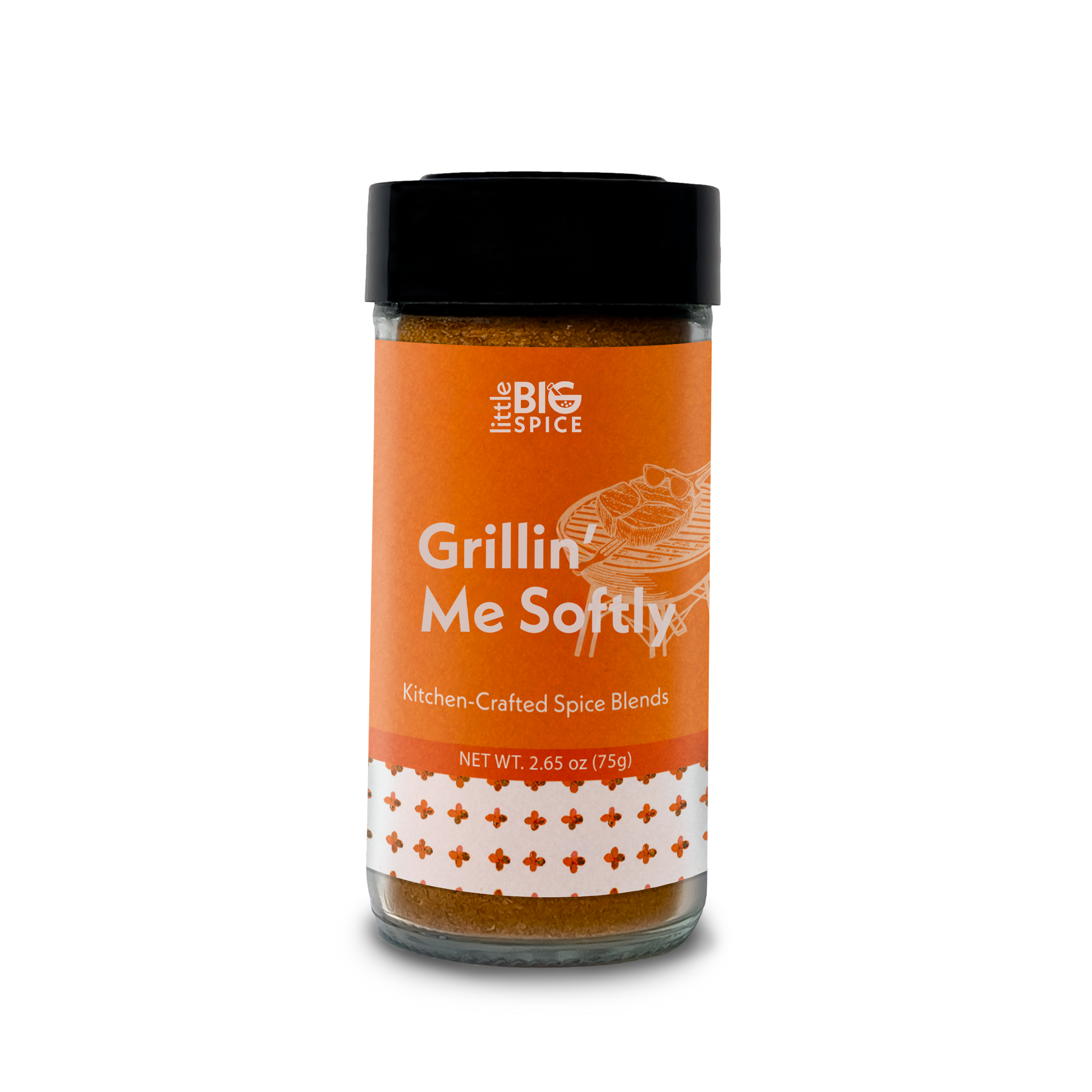 Spice jar with colored label for “Grillin’ Me Softly” bold Mediterranean grilling spice blend.