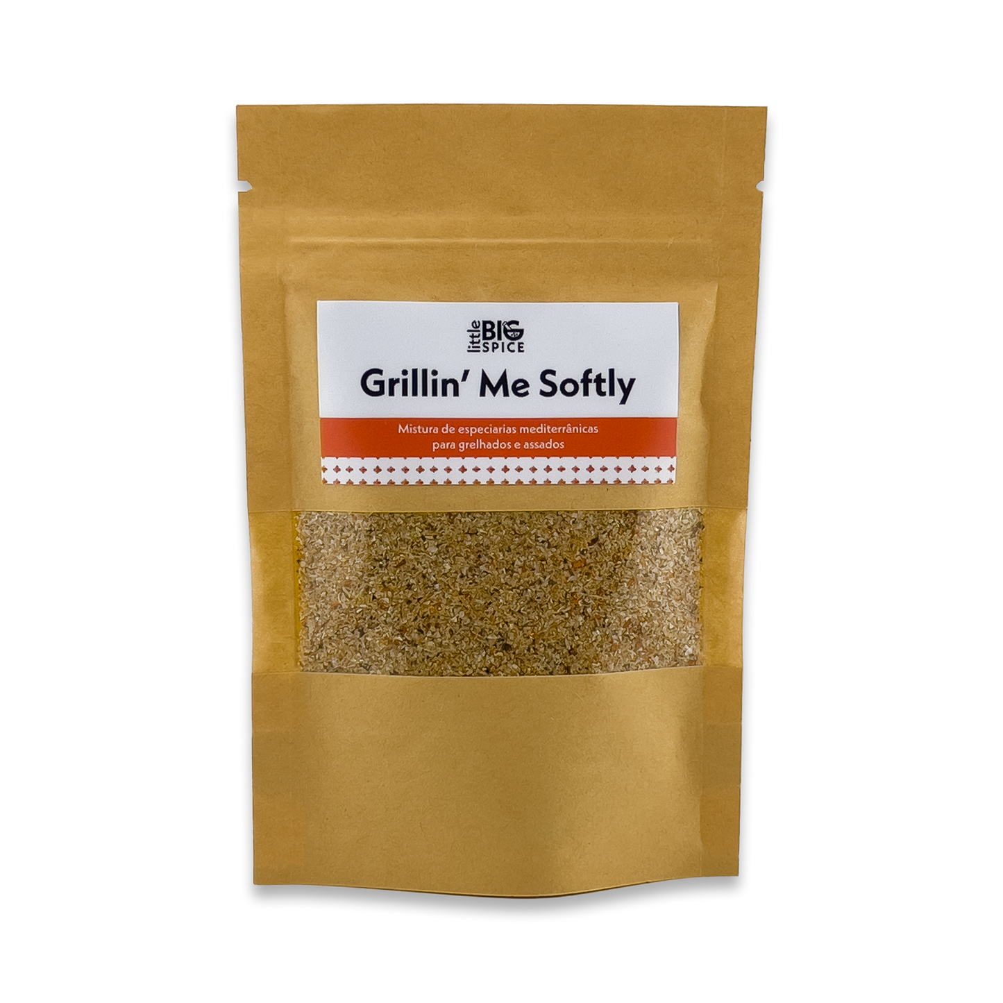 Brown spice bag labeled “Grillin’ Me Softly,” with a clear window showing white and red Mediterranean grill spice mix