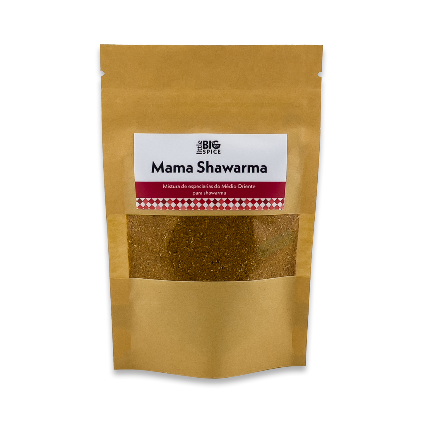 Brown spice bag labeled “Mama Shawarma,” with a clear window showing brown/yellow Mediterranean shawarma mix.