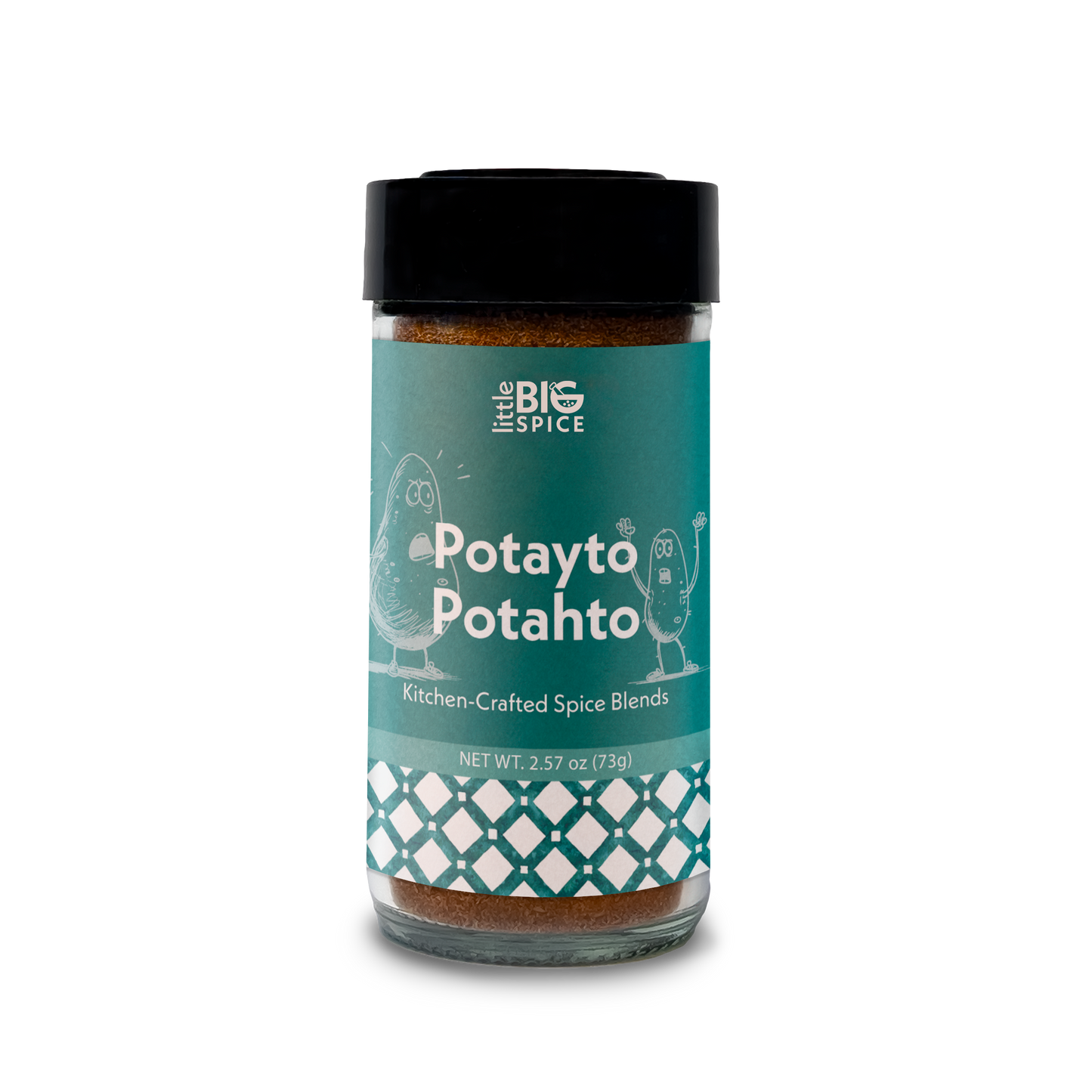 Spice jar with colored label for “Potayto-Potahto” roasted potato and veggie seasoning blend.