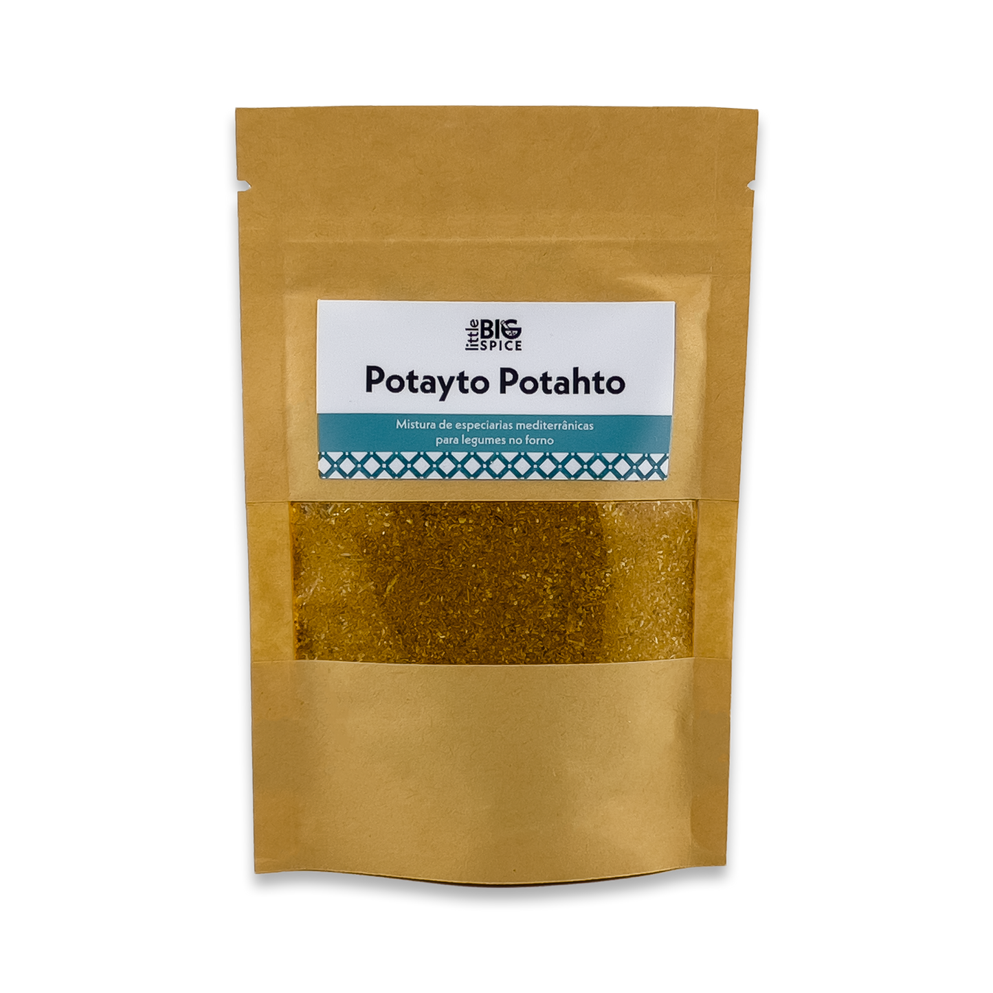 Brown spice bag labeled “Potayto-Potahto,” with a clear window showing yellow roasted veggie spice mix.