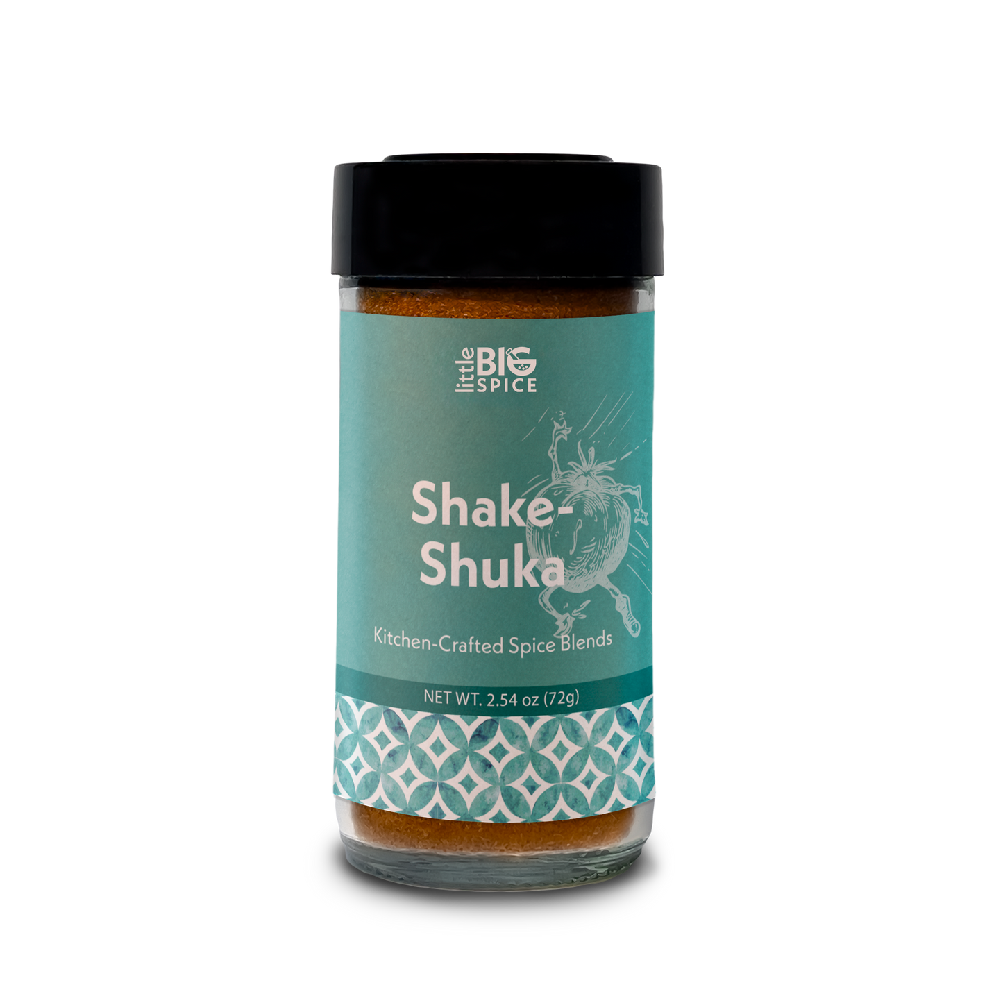 Spice jar with colored label for “Shake-Shuka” tomato sauce and shakshuka seasoning blend.