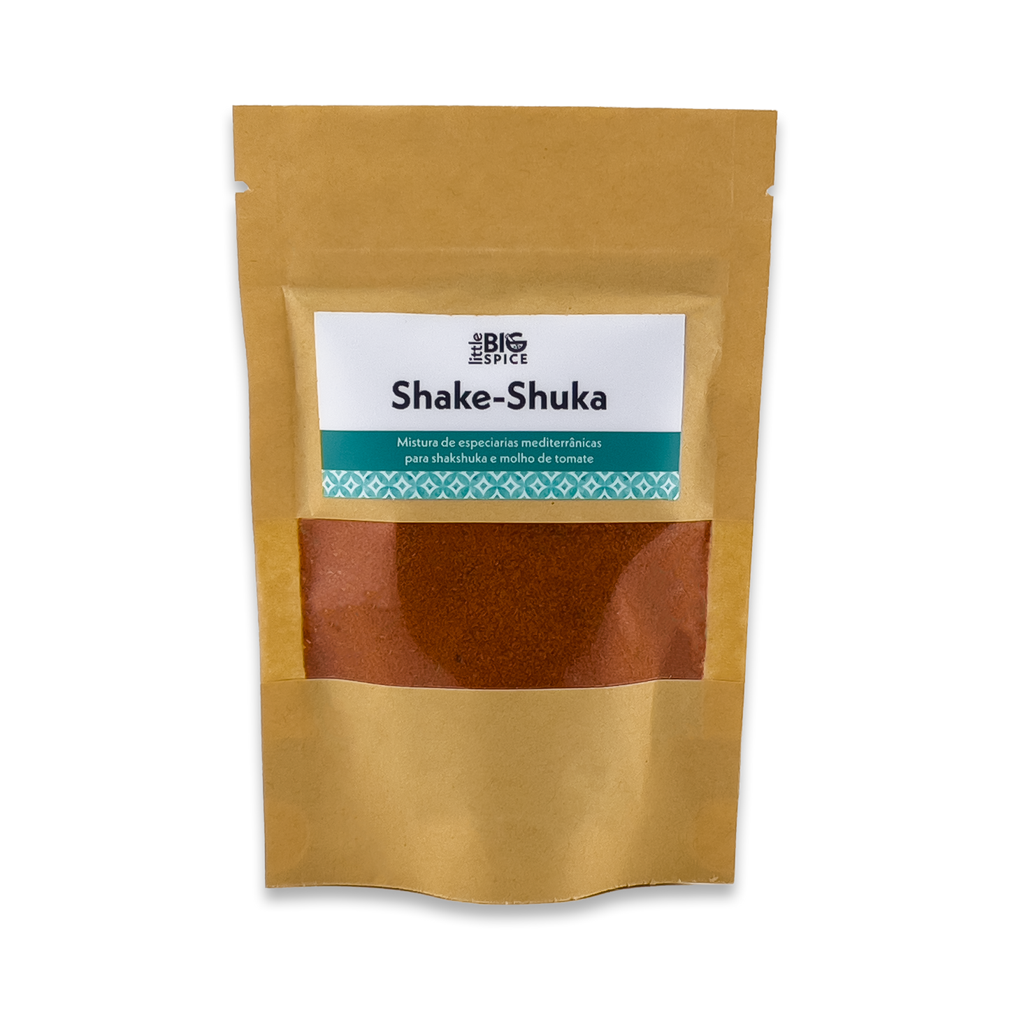Brown spice bag labeled “Shake-Shuka,” with a clear window showing bright red aromatic tomato sauce spice mix.