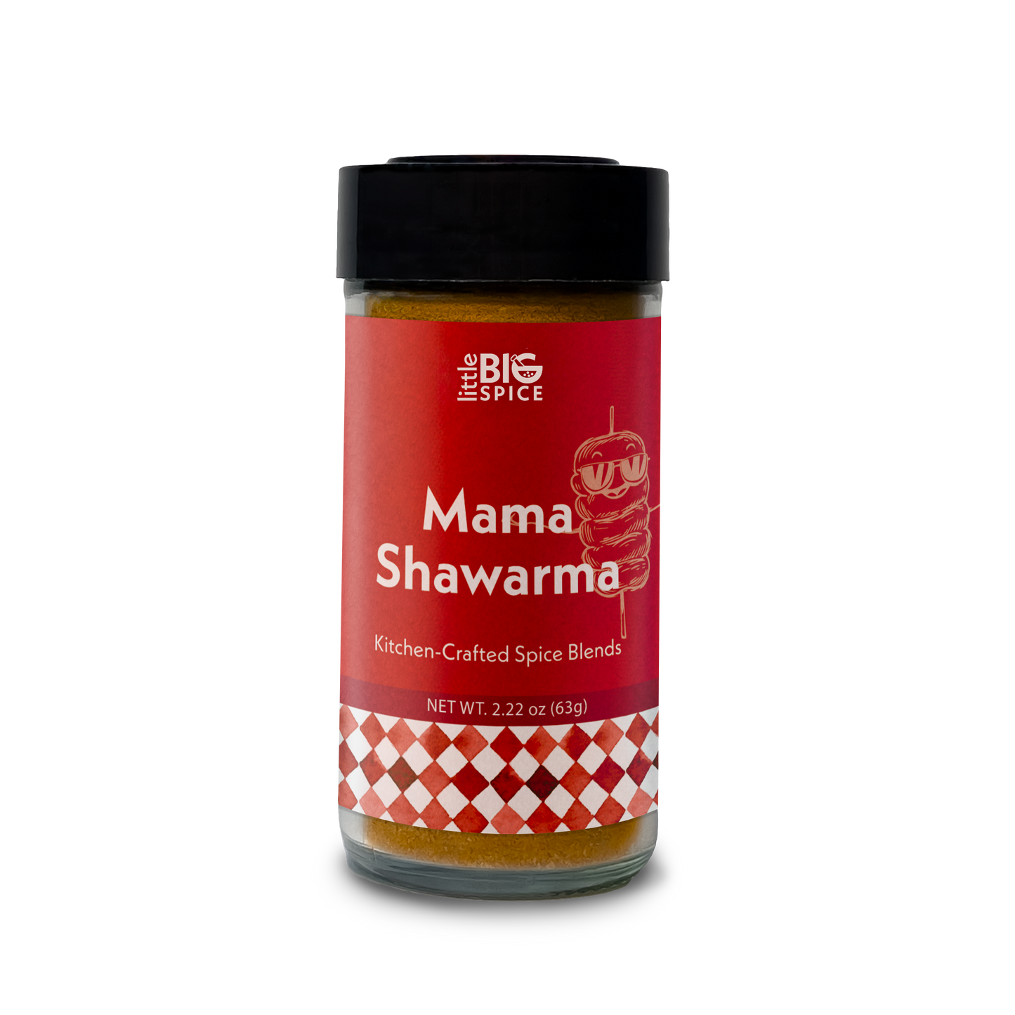 Spice jar with colored label for “Mama Shawarma” Mediterranean shawarma seasoning.