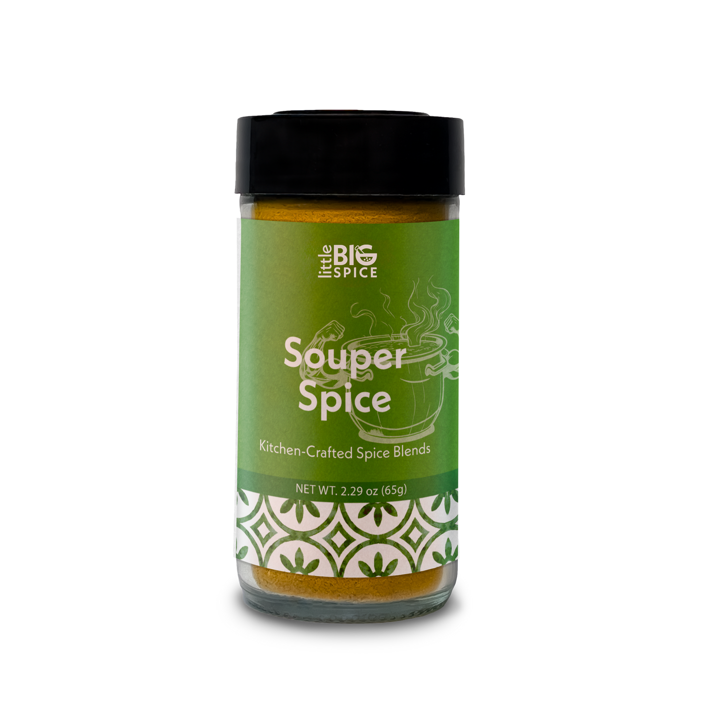 Spice bottle with colored label for “Souper Spice” warm and comforting soup and stew spice blend.