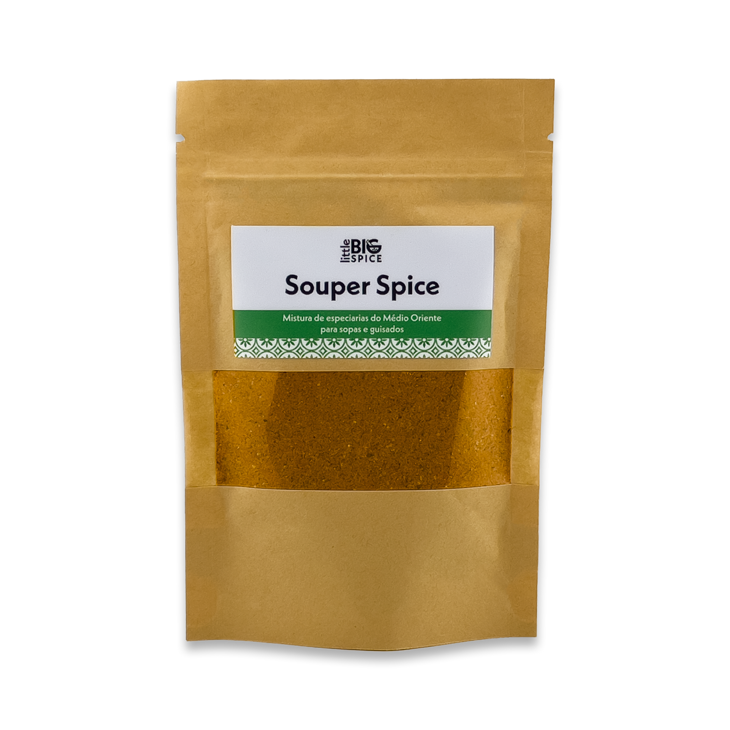 Brown spice bag labeled “Souper Spice,” with a clear window showing warm yellow soup and stew seasoning.