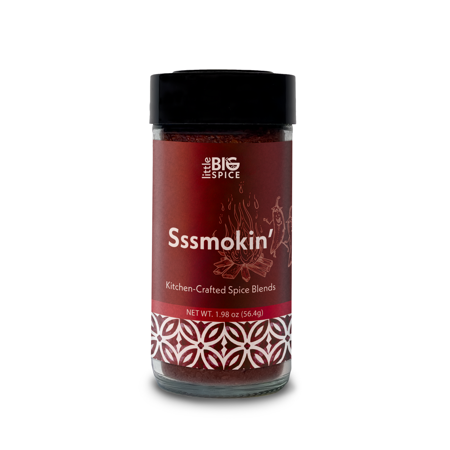 Spice bottle with colored label for “Sssmokin’” bold and spicy smoky Mediterranean seasoning.