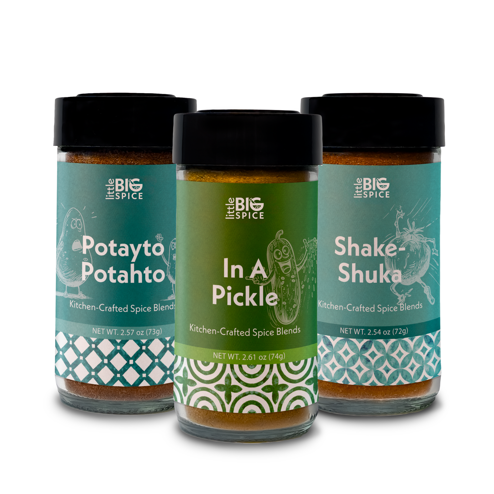 Three Spice jars with colored labels for breakfast and brunch: Potayto Potahto, In A Pickle, and Shake-Shuka.