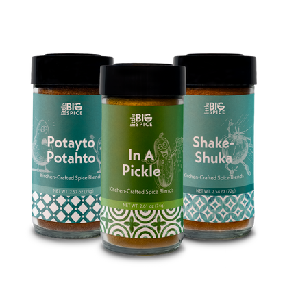 Three Spice jars with colored labels for breakfast and brunch: Potayto Potahto, In A Pickle, and Shake-Shuka.