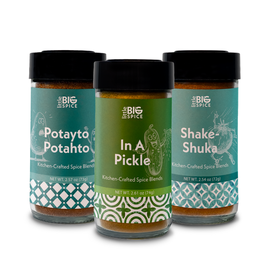 Three Spice jars with colored labels for breakfast and brunch: Potayto Potahto, In A Pickle, and Shake-Shuka.