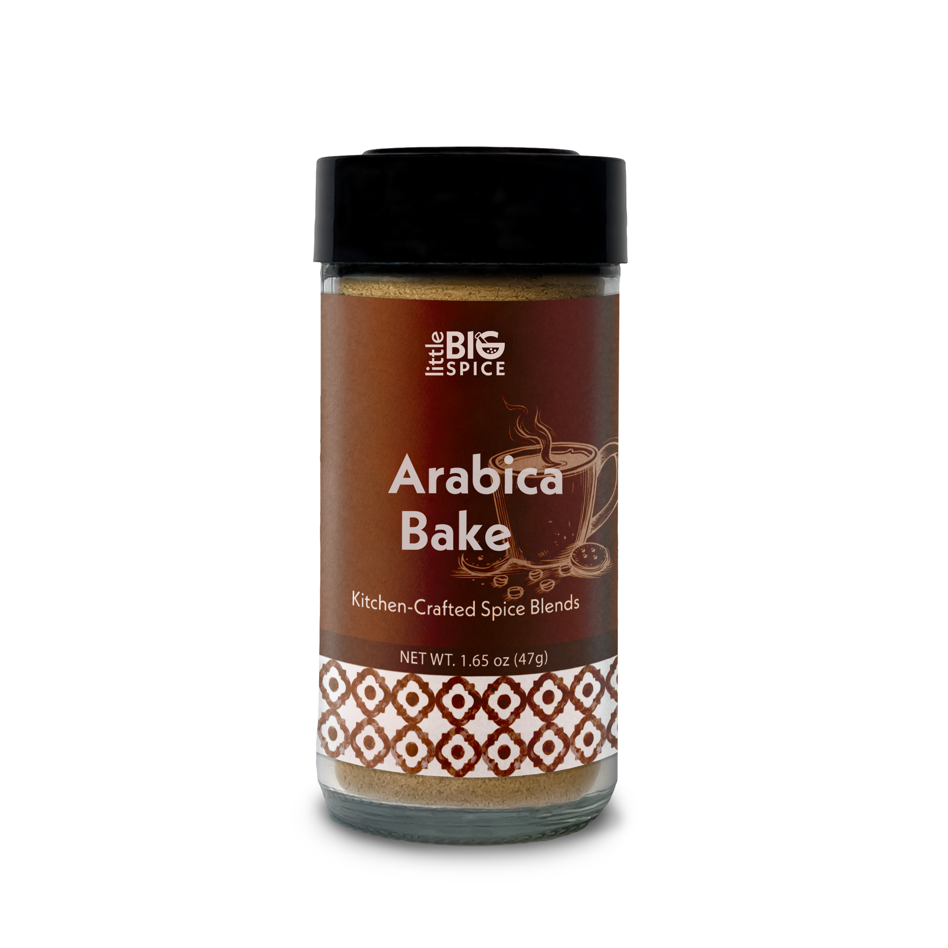 Spice bottle with colored label for “Arabica Bake” sweet Middle Eastern coffee and dessert spice blend.