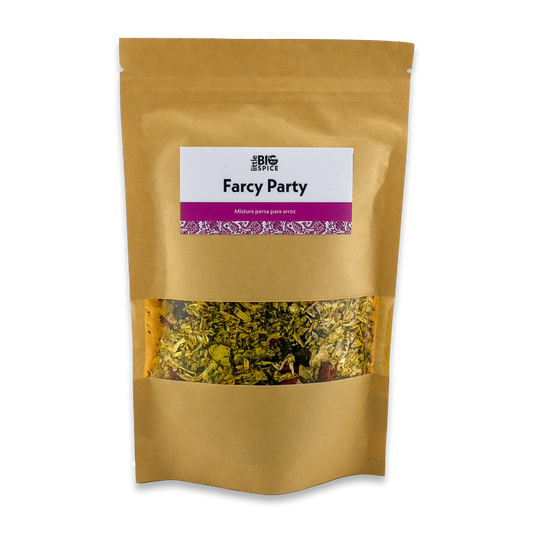 Brown spice bag labeled “Farcy Party,” with a clear window showing yellow, green, and red Mediterranean spice mix for rice.
