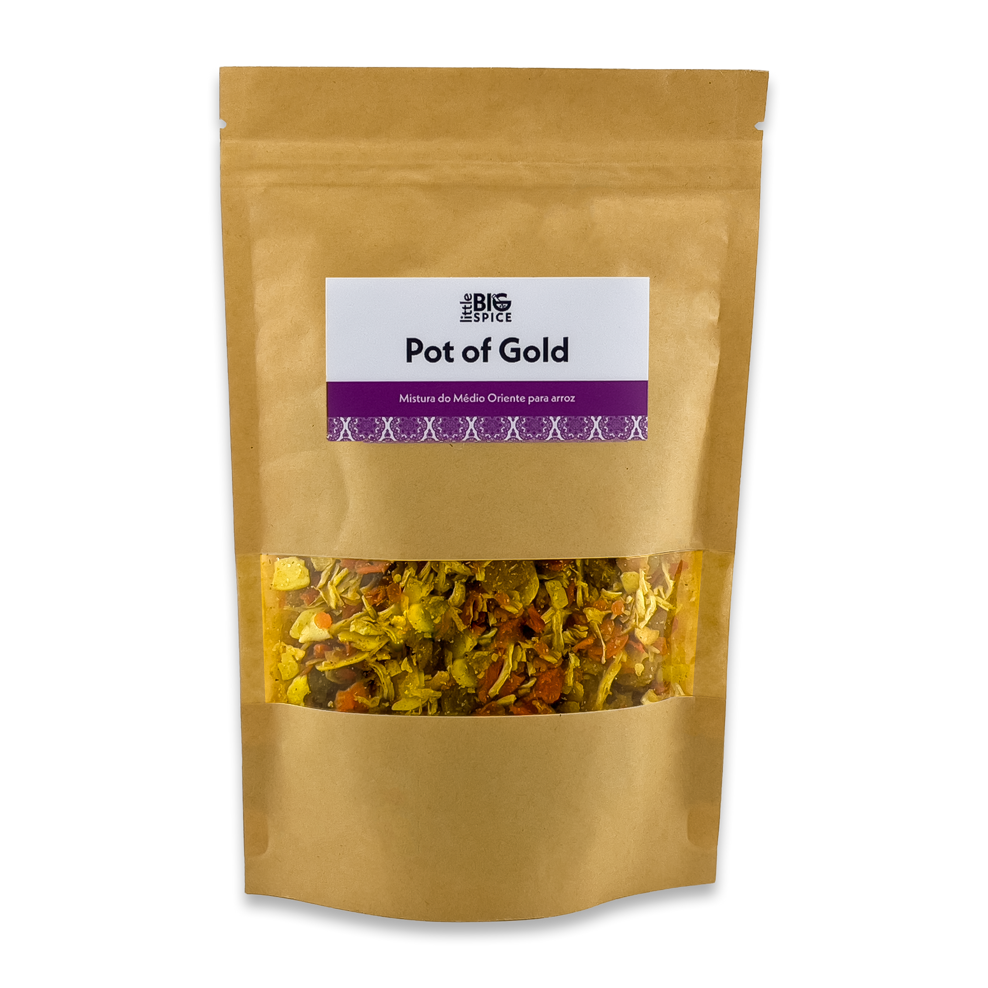 Brown spice bag labeled “Pot of Gold,” with a clear window showing yellow, orange  turmeric-based Middle Eastern rice seasoning mix.