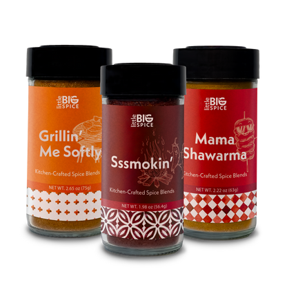 Three Spice jars for with colored labels with different rub mixes for Grilling meat, chicken, and spice wings.