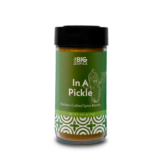 Spice bottle with colored label for “In a Pickle” Middle Eastern pickling spice mix with turmeric.