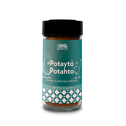 Spice jar with colored label for “Potayto-Potahto” roasted potato and veggie seasoning blend.