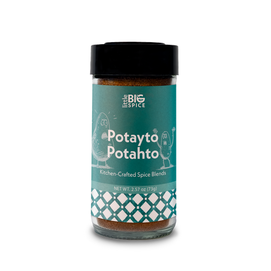 Spice jar with colored label for “Potayto-Potahto” roasted potato and veggie seasoning blend.