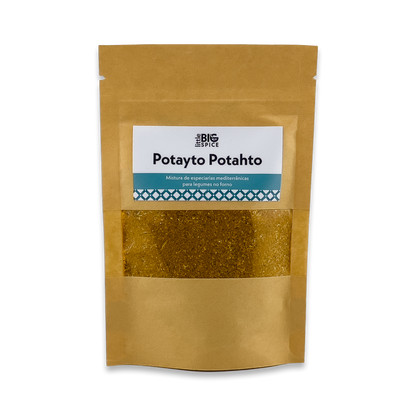 Brown spice bag labeled “Potayto-Potahto,” with a clear window showing yellow roasted veggie spice mix.