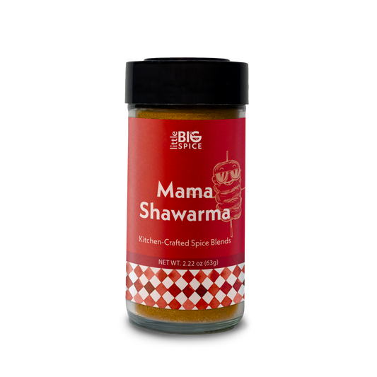 Spice jar with colored label for “Mama Shawarma” Mediterranean shawarma seasoning.