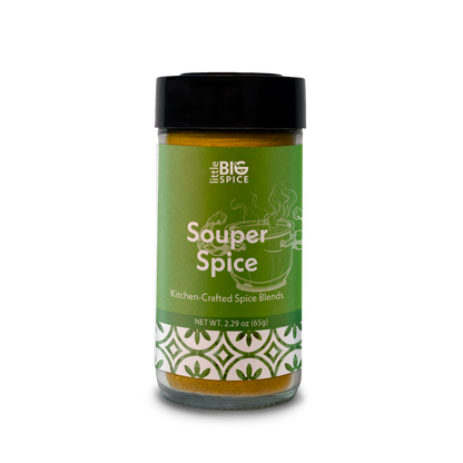 Spice bottle with colored label for “Souper Spice” warm and comforting soup and stew spice blend.