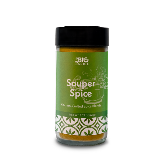 Spice bottle with colored label for “Souper Spice” warm and comforting soup and stew spice blend.