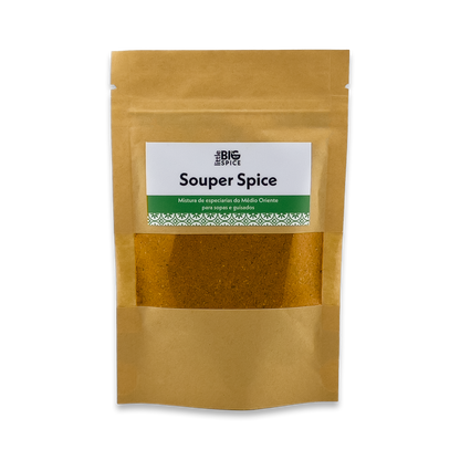 Brown spice bag labeled “Souper Spice,” with a clear window showing warm yellow soup and stew seasoning.