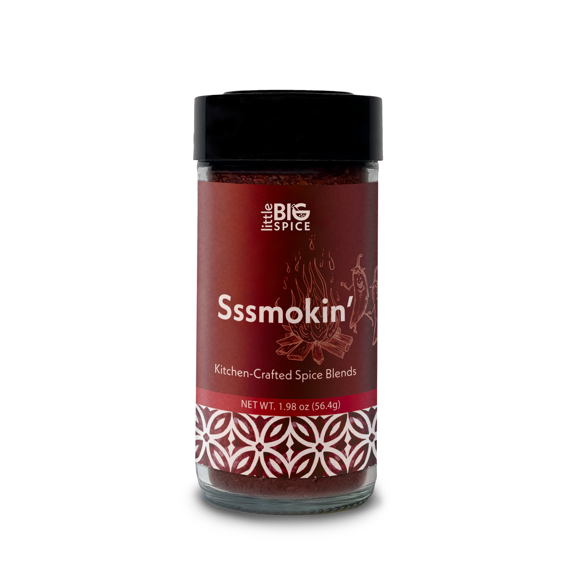 Spice bottle with colored label for “Sssmokin’” bold and spicy smoky Mediterranean seasoning.