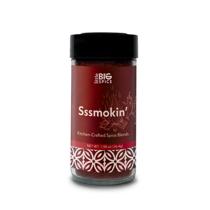 Spice bottle with colored label for “Sssmokin’” bold and spicy smoky Mediterranean seasoning.